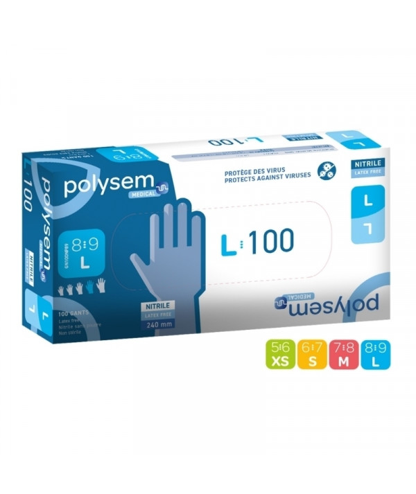 Gants nitrile bleu Polysem Médical - Sans poudre - Boite de 100
