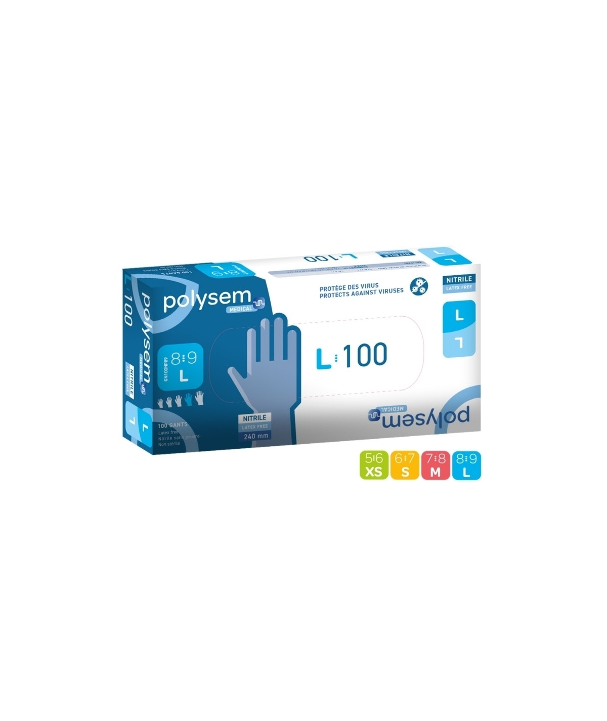 Gants nitrile bleu Polysem Médical - Sans poudre - Boite de 100