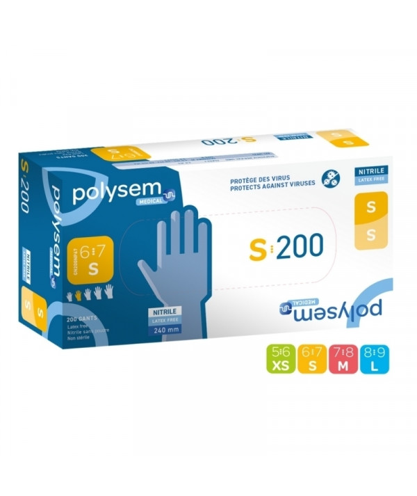 Gants nitrile bleu Polysem Médical - Sans poudre - Boite de 200