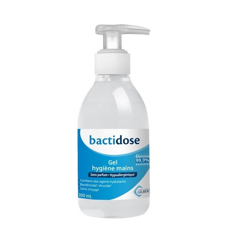Gels hydroalcooliques  Gel hydroalcoolique Bactidose - Laboratoires Gilbert - Flacon 300 ml
