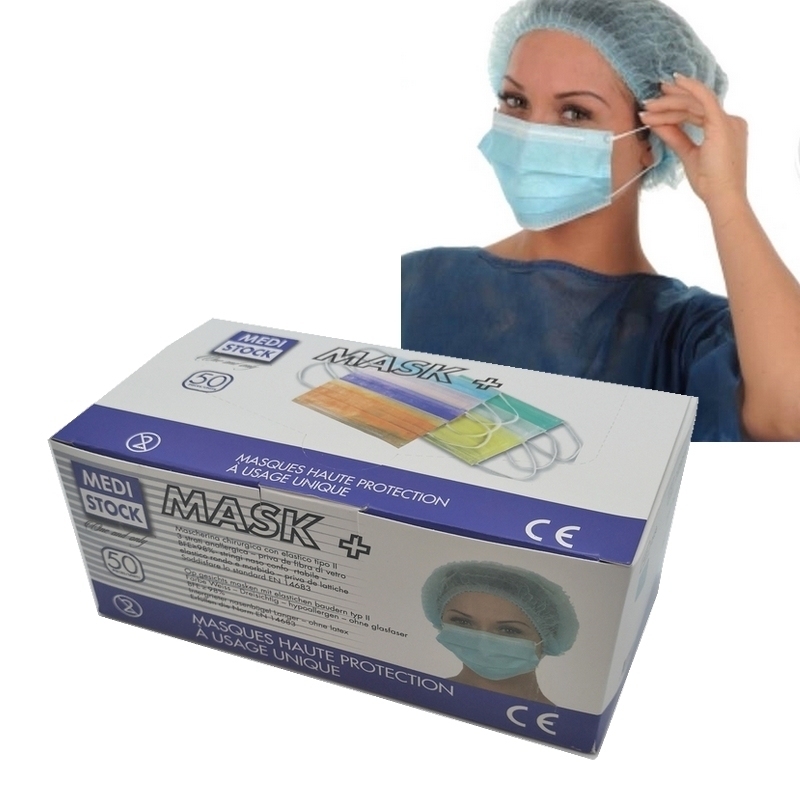 Masque Masque de chirurgie avec élastique - Type IIR 3 plis Bleu - Mask + Medistock - Boite de 50