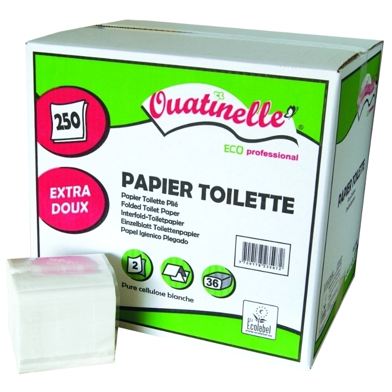 Papier toilette plié feuille à feuille - Ecolabel 250 feuilles 2 plis -  Carton de 36 paquets